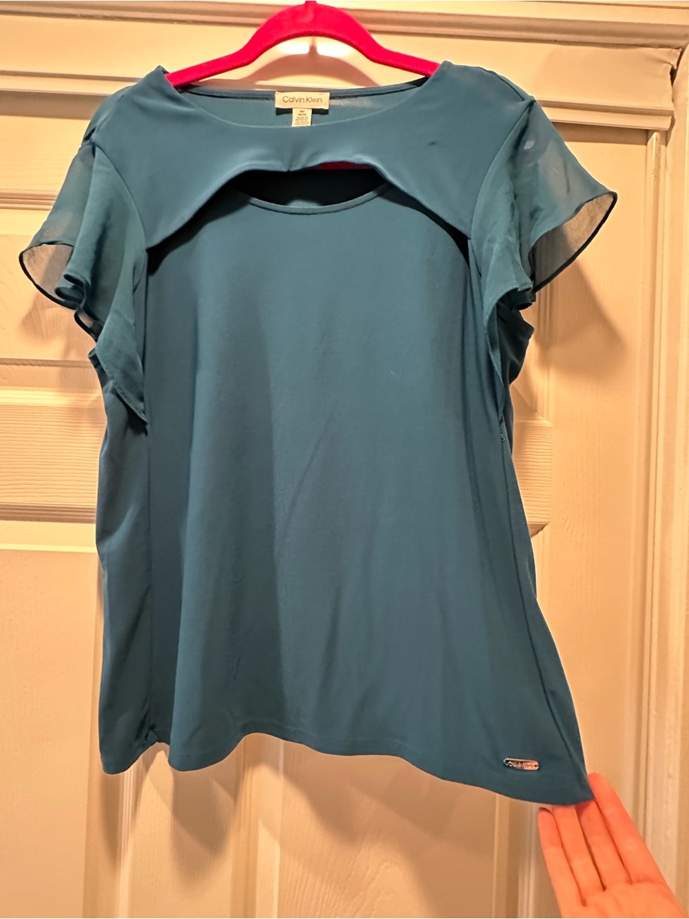 Calvin Klein Teal Short Flutter Sleeve Cutout Top